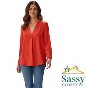 ZARA Woman Red V Neck Blouse Pullover 3/4 Sleeve Viscose Size S EUC